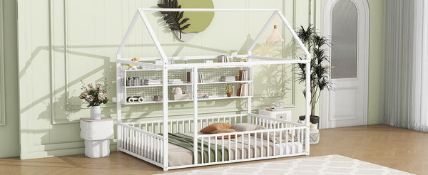English Elm Full Metal House Bed Frame Full Size with Built-In Fence and 4 Grid Shelves for Durable Storage and Style White N737P175361K