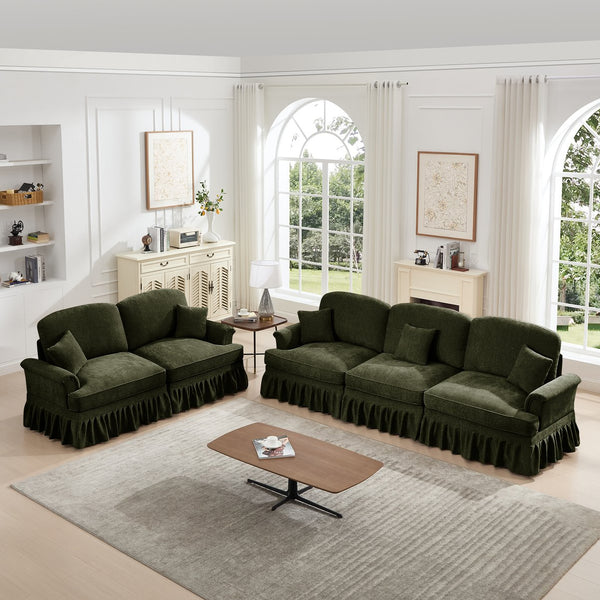 English Elm Classic Modular 2-Piece Sofa Set: Elegant Flared Arm Design With Detachable Ruffled Skirts, Green W3041S00269