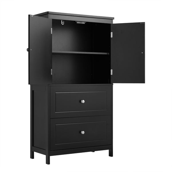 English Elm Bathroom Storage Cabinet with Two Doors and Drawers, Adjustable Shelf, MDF Finish, Slim 28"L x 15"W Black N725P188460B