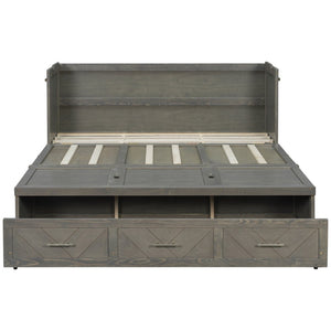 English Elm Queen Murphy Cabinet Bed Pine Wood Geometric Panel Antique Grey with Usb Charging W504S00302