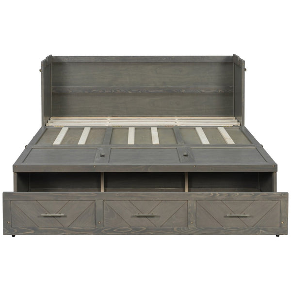 English Elm Queen Murphy Cabinet Bed Pine Wood Geometric Panel Antique Grey with Usb Charging W504S00302
