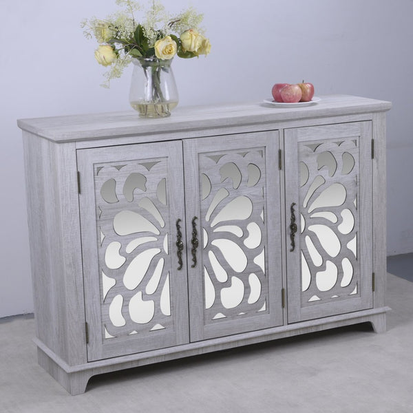 English Elm 49.33" Mirrored Lattice Buffet Cabinet with Adjustable Shelves Vintage Wood Grain Sideboard Light Gray W2899P372742