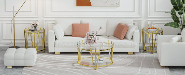 English Elm 31.5inch Modern Luxury Gold Coffee Table with Two-Tier Storage, Tempered Glass Top, Elegant Crown Design Clear W1550P171448