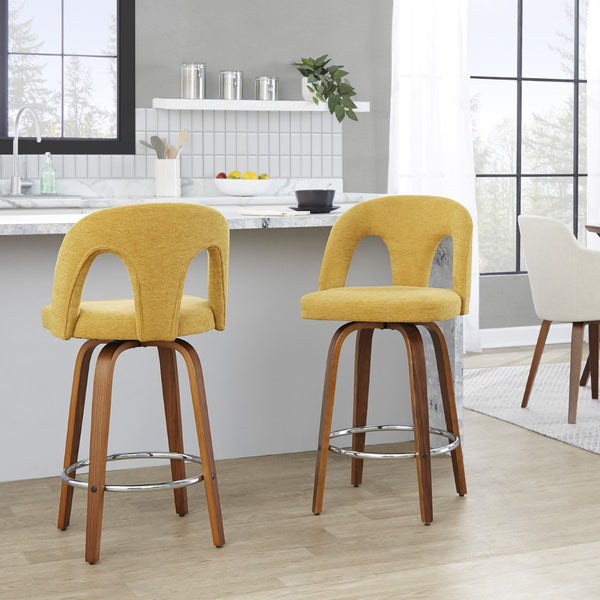English Elm Fixed-height Swivel Counterstools Walnut Bentwood Legs Yellow Upholstery Chrome Footrest Pair B202S01797