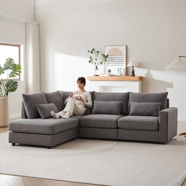 English Elm MH100.2" Sofa Convertible L-Shaped Linen Sectional with Movable Ottoman 5 Cushions 4 Lumbar Pillows Grey W1193S00139