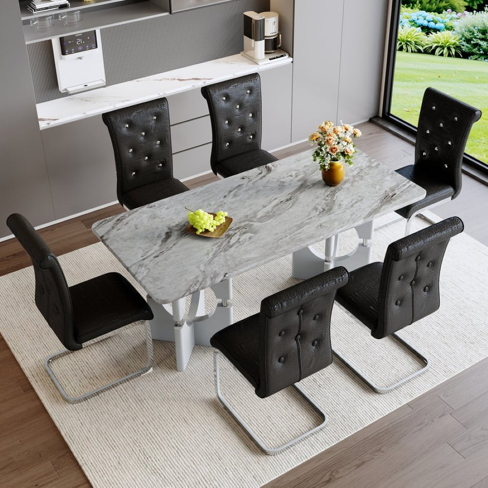 English Elm Modern White Faux Marble 7 Piece Dining Set Tufted Pvc Chairs for Kitchen Black,Grey W3875S00060