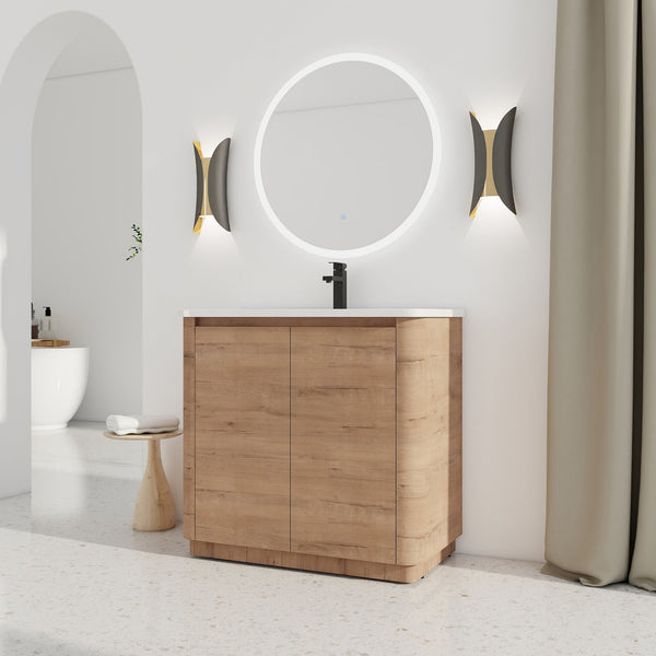 English Elm 36'' Freestanding Bathroom Vanity with White Ceramic Sink, Soft-Close Doors, Plywood, Adjustable Shelves W999P351896