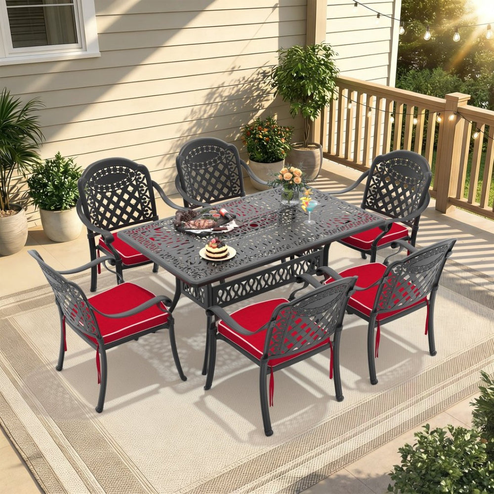 English Elm 7-piece Cast Aluminum Outdoor Dining Set Ornate Petal Motif Patio Furniture W1710S00622
