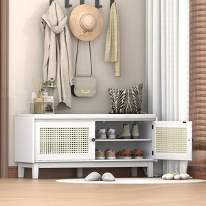 English Elm Trexm Bohemian Rattan Storage Bench Cushioned Seat Shoe Cabinet for Entryway Beige,White N715P308012K