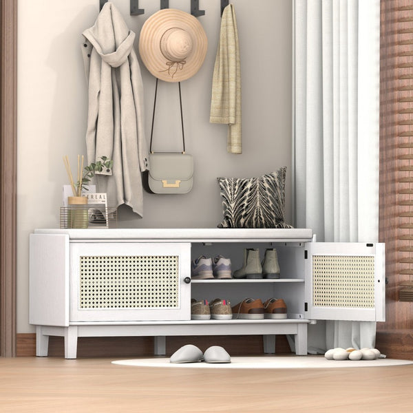 English Elm Trexm Bohemian Rattan Storage Bench Cushioned Seat Shoe Cabinet for Entryway Beige,White N715P308012K