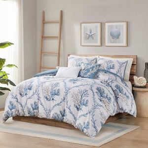 Harbor House Pismo Beach Coastal 5 Piece Cotton Duvet Cover Set with Throw Pillows HH12-1842 Blue/White