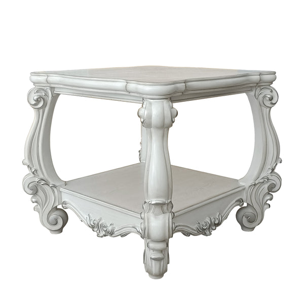 English Elm Bone White Romantic End Table with Bottom Shelf, Floral Carved Legs, Timeless Traditional Charm and Storage B062P189090