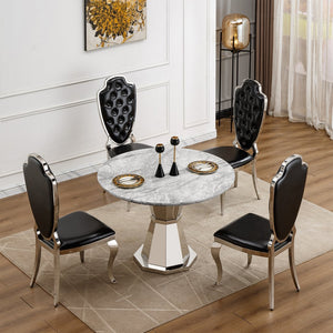 English Elm 47" Round Marble Dining Table - Stylish Faux Marble Top & Durable Stainless Steel Base For Any Space W3456S00004