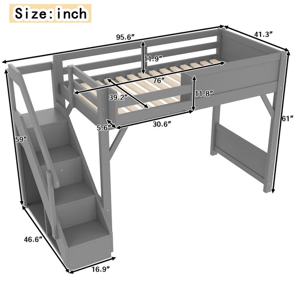 English Elm Twin Low Loft Bed Solid Pine Frame Kids Study Desk Blackboard Storage White Gray W1580S00467