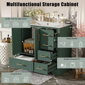 English Elm 36" Traditional Bathroom Vanity with Ceramic Sink, Solid Wood Cabinet, Soft-Close Doors & Drawers Green N729P251630F