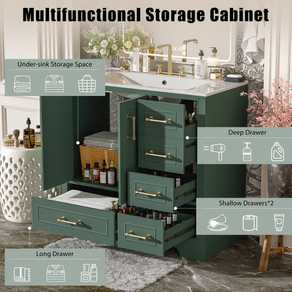 English Elm 36" Traditional Bathroom Vanity with Ceramic Sink, Solid Wood Cabinet, Soft-Close Doors & Drawers Green N729P251630F