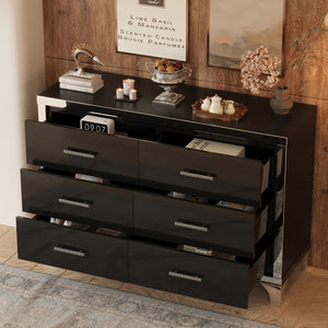 English Elm Elegant High Gloss Dresser with Metal Handles and Mirrored Panels, 6-Drawer Space-Saving Storage Solution Black 55.71 L x 19.29 W x 10.63 H N733P205355B