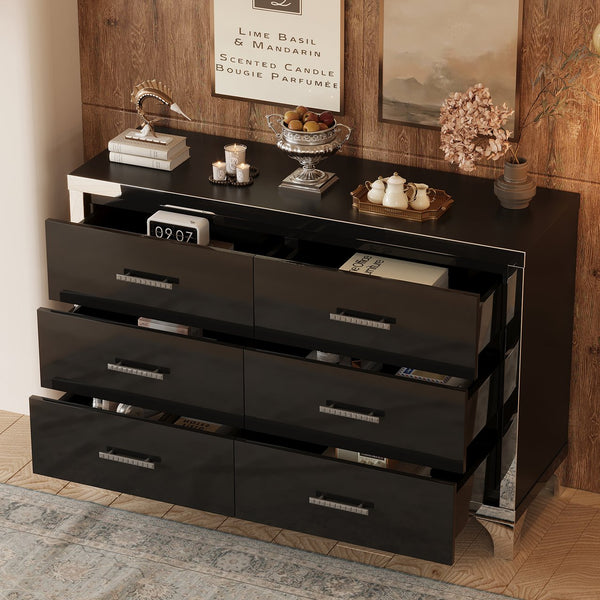 English Elm Elegant High Gloss Dresser with Metal Handles and Mirrored Panels, 6-Drawer Space-Saving Storage Solution Black 55.71 L x 19.29 W x 10.63 H N733P205355B