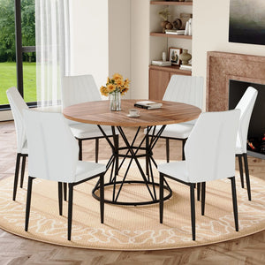 English Elm Table and Chair Set Walnut Round Dining with Six White Pu Seats Modern Industrial W1151S04858