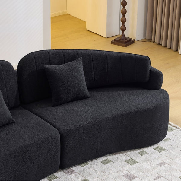 English Elm Curved Four Seat Chenille Sofa with Removable Backrest for Retro Apartment Living Black W3612S00041