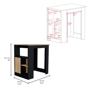 English Elm Stirling Kitchen Island with 1-Door Push-Open Cabinet, 3 Side Shelves, Black & Natural Oak Finish B200P240240