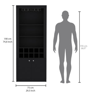English Elm Nero 74-Inch Tall Bar Cabinet — Modern Black Liquor & Wine Storage with 10-Bottle Cubbies, Stemware Rack, 4 Shelves B200P188833