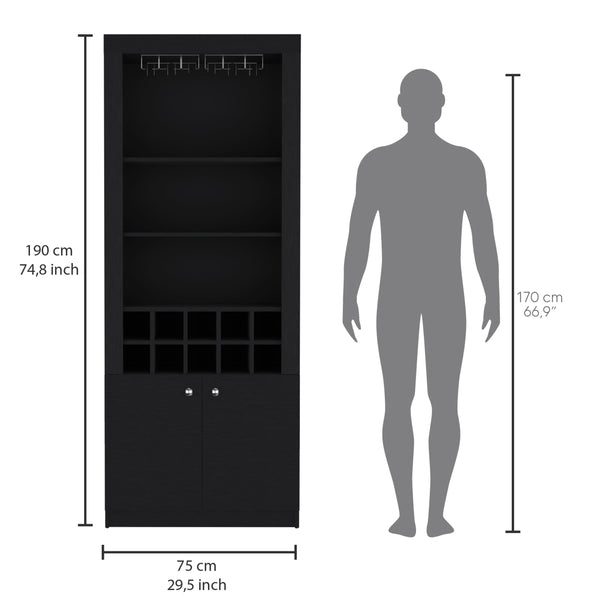 English Elm Nero 74-Inch Tall Bar Cabinet — Modern Black Liquor & Wine Storage with 10-Bottle Cubbies, Stemware Rack, 4 Shelves B200P188833