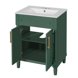 English Elm 24" Bathroom Vanity with Integrated Ceramic Sink and Adjustable Shelf, Vintage Hardware, Space-Saving Design Green N710P277711F