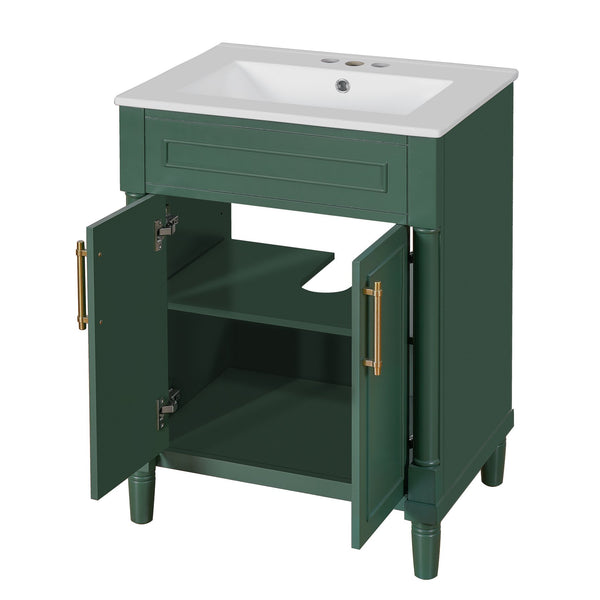 English Elm 24" Bathroom Vanity with Integrated Ceramic Sink and Adjustable Shelf, Vintage Hardware, Space-Saving Design Green N710P277711F