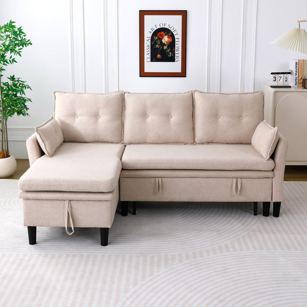 English Elm L-Shaped Reversible Chaise Sectional Sofa with Storage and Fold-Out Bed Cotton-Linen Modern Design Beige W3371S00024