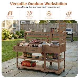 English Elm Topmax Modular Fir Wood Outdoor Kitchen Cart Stainless Steel Prep Station Brown N717P417963D