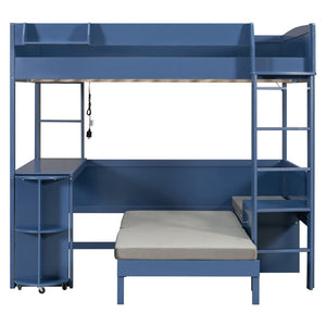 English Elm Full Size Loft Bed with Rotating Desk Led Lighting Sofa and Bookshelf Storage Navy Blue LT000200AAC