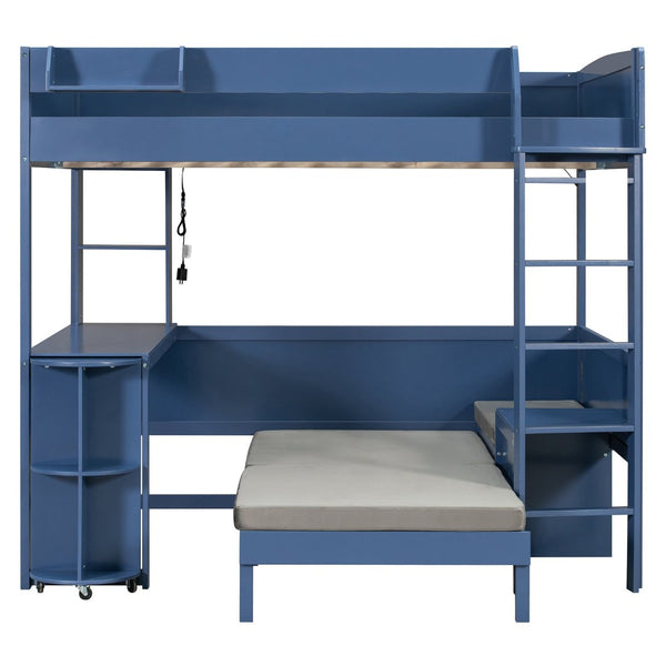 English Elm Full Size Loft Bed with Rotating Desk Led Lighting Sofa and Bookshelf Storage Navy Blue LT000200AAC