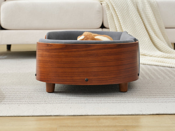 English Elm Scandinavian Mid-century Pet Sofa with Walnut Bentwood Back and Navy Velvet Cushion Dark Grey W794125938