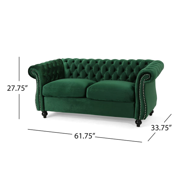 English Elm Christopher Knight Home® - LOVESEAT Plush Velvet Tufted Diamond Stitch with Nailhead Trim and Scrolled Arms for Luxe Comfort Emerald 63045.00NVLTEMD
