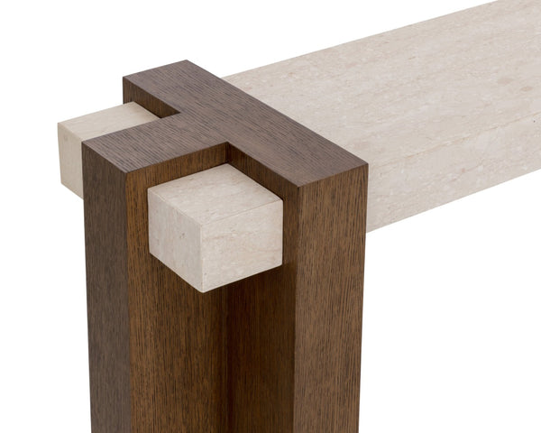 Sunpan MINERVA Console Table - Sculptural Luxury with Marble Top & Interlocking Wood Base for Modern Homes 112152