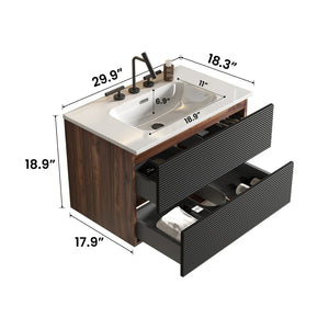 English Elm Gloria Floating Bathroom Vanity Walnut Two-tone Ceramic Sink Modern Storage Cabinet W1865S00199