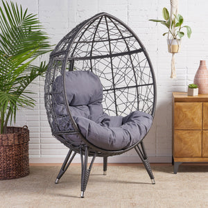English Elm Christopher Knight Home® - GIANNI Teardrop Wicker Outdoor Chair with Water-Resistant Cushion, Handcrafted Faux Rattan Iron Frame Comfort Gray 65645.00GDGRY