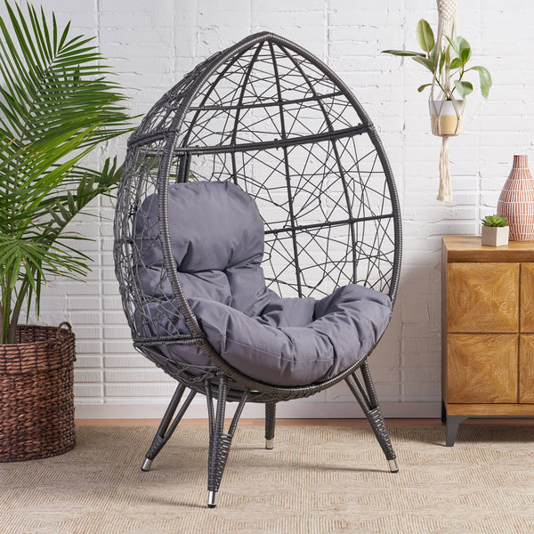 English Elm Christopher Knight Home® - GIANNI Teardrop Wicker Outdoor Chair with Water-Resistant Cushion, Handcrafted Faux Rattan Iron Frame Comfort Gray 65645.00GDGRY