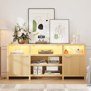 English Elm Highboy Media Console with Led Lighting Fluted Panels and Storage for Living Room T3773P416497