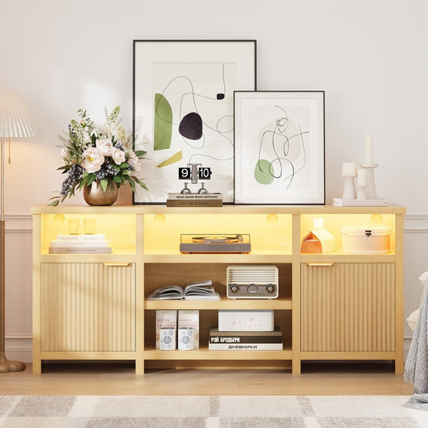 English Elm Highboy Media Console with Led Lighting Fluted Panels and Storage for Living Room T3773P416497
