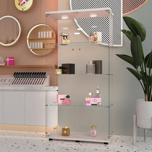 English Elm Tempered Glass Display Cabinet With Rgb Led Lights, Lockable Casters & Adjustable Feet In White W3155S00002-GIGA