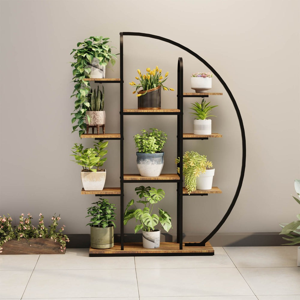 English Elm 62.2 Inch Nine Tier Moon Shaped Metal Plant Stand with Integrated Led Grow Light W3101P443485
