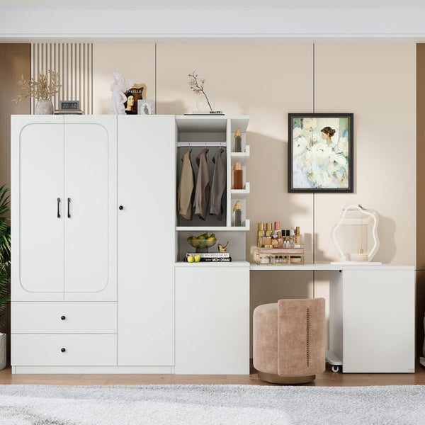 English Elm Multifunctional Wardrobe Cabinet with Fold Out Desk Hanging Rod and Storage Drawers Light White W1580S00475