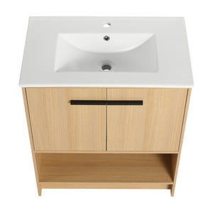 English Elm 30" Bathroom Vanity With Integrated Ceramic Sink, Soft-Close Doors & Open Shelf For Easy Storage W1972S00017