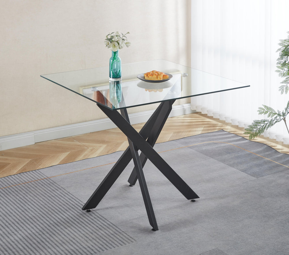 English Elm Dining Table Black Tempered Glass Top with Cross Metal Legs – Compact Modern 90x90x75cm Square, Easy Clean W234P278089