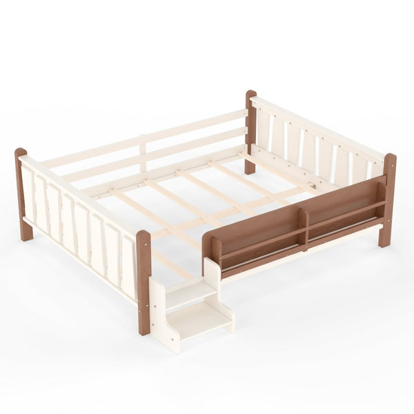 English Elm Queen Bunk Bed with Trundle Solid Pine Kids Car Themed Frame Built-in Bookshelf Beige+Natural W1580S00536