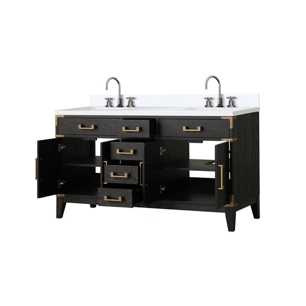 English Elm Black Oak Double Bath Vanity 60" W With White Quartz Top & Chrome Faucet, Modern Storage Solution B2731P260945