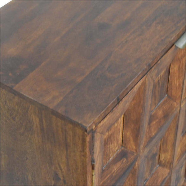 English Elm Quad Cabinet Solid Mango Wood Console Table in Chestnut with Quad Cut-Out Doors, Nordic Legs, Storage-Friendly Design B182P295020