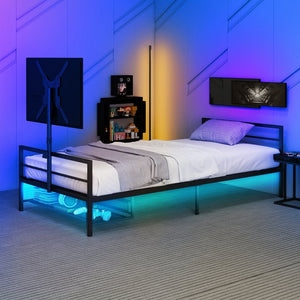 English Elm Twin Gaming Platform Bed Iron Frame with Rotating Tv Mount Led Strips Console Storage W688P237948